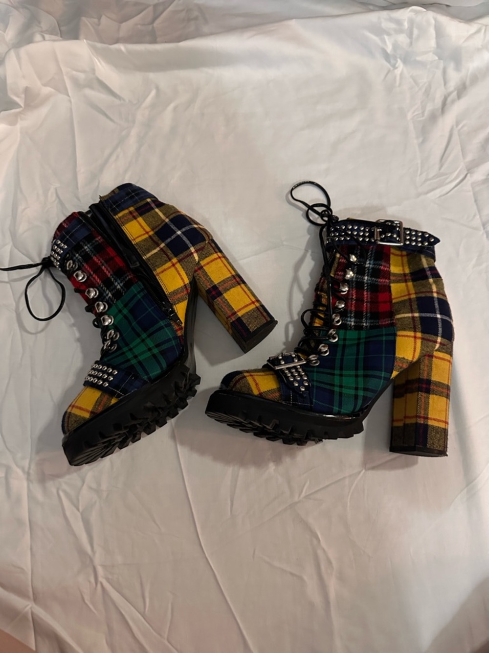Jeffrey Campbell Plaid Studded Lace-Up Block Heel Boots - Yellow/Green/Blue - Picture 5 of 10